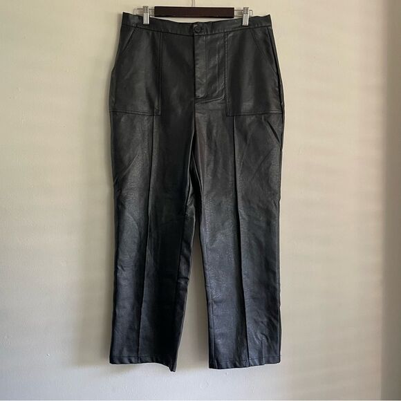 Princess Polly Encore Black Vegan Leather Straight Leg Pleated Pants Size 12 - Picture 7 of 14